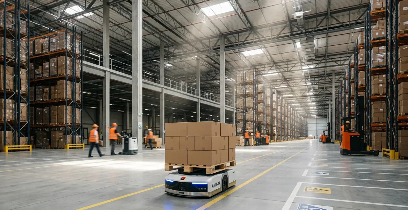 Robots AMR navigant de manière autonome dans un entrepôt industriel moderne avec des rayonnages hauts et des palettes