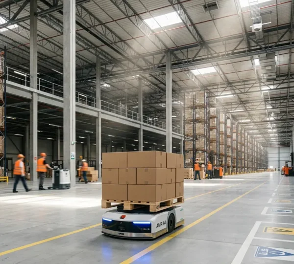 Robots AMR navigant de manière autonome dans un entrepôt industriel moderne avec des rayonnages hauts et des palettes