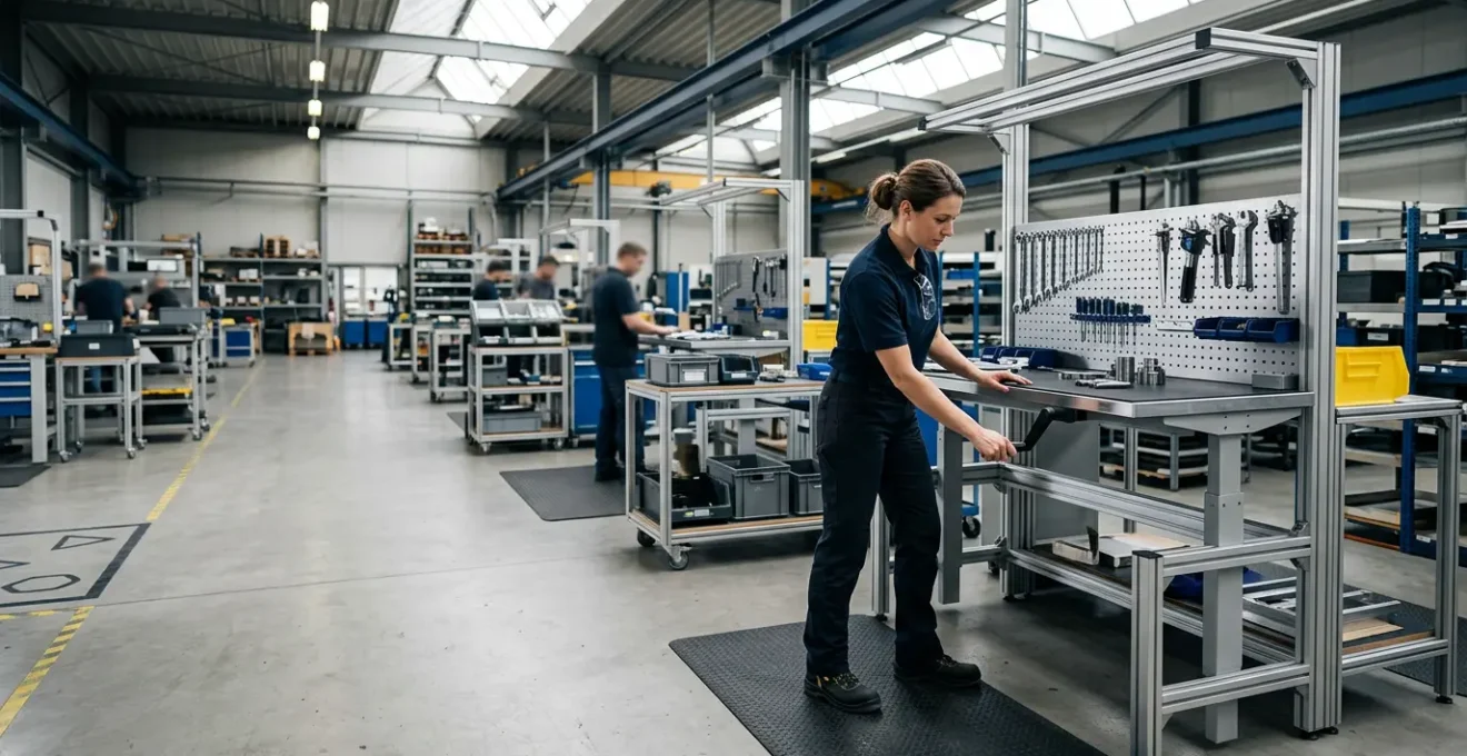 Vue en plongée d'un opérateur industriel ajustant la hauteur de son établi ergonomique dans un atelier lumineux et organisé
