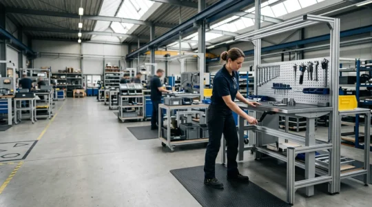 Vue en plongée d'un opérateur industriel ajustant la hauteur de son établi ergonomique dans un atelier lumineux et organisé