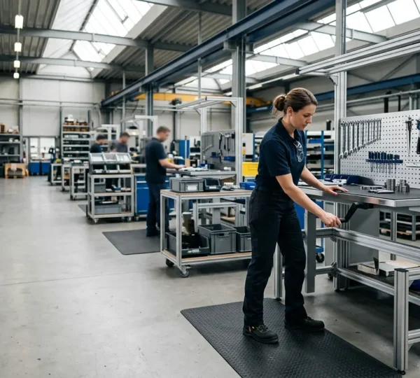 Vue en plongée d'un opérateur industriel ajustant la hauteur de son établi ergonomique dans un atelier lumineux et organisé