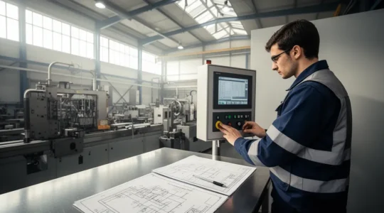 Ingénieur sécurité analysant un système de contrôle industriel avec documentation technique dans un environnement d'atelier moderne