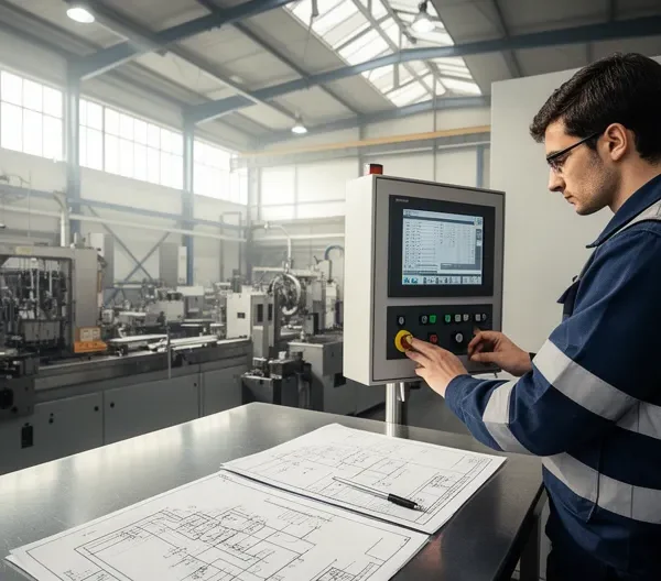 Ingénieur sécurité analysant un système de contrôle industriel avec documentation technique dans un environnement d'atelier moderne