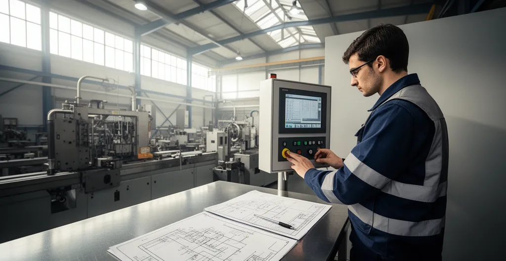 Ingénieur sécurité analysant un système de contrôle industriel avec documentation technique dans un environnement d'atelier moderne