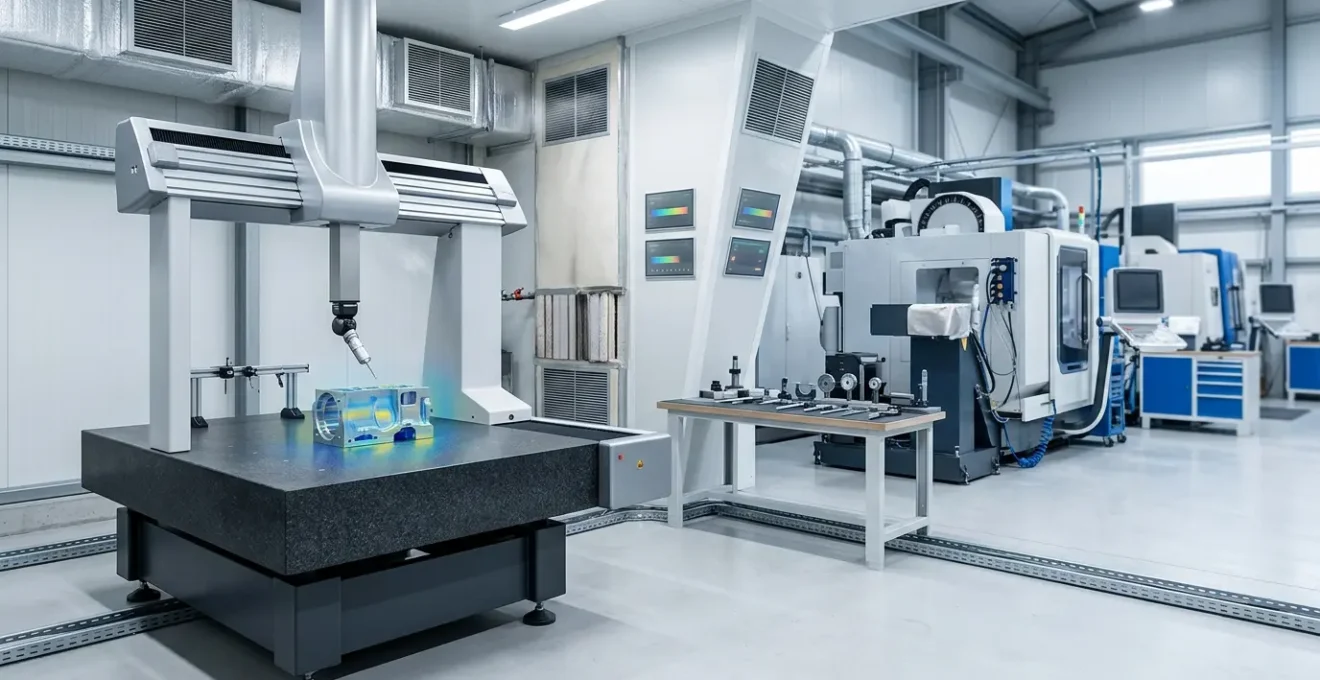 Atelier industriel de haute précision avec équipements de métrologie et contrôle thermique