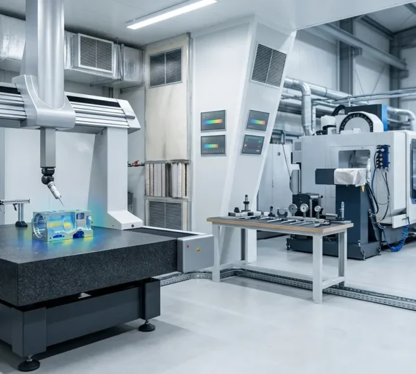 Atelier industriel de haute précision avec équipements de métrologie et contrôle thermique