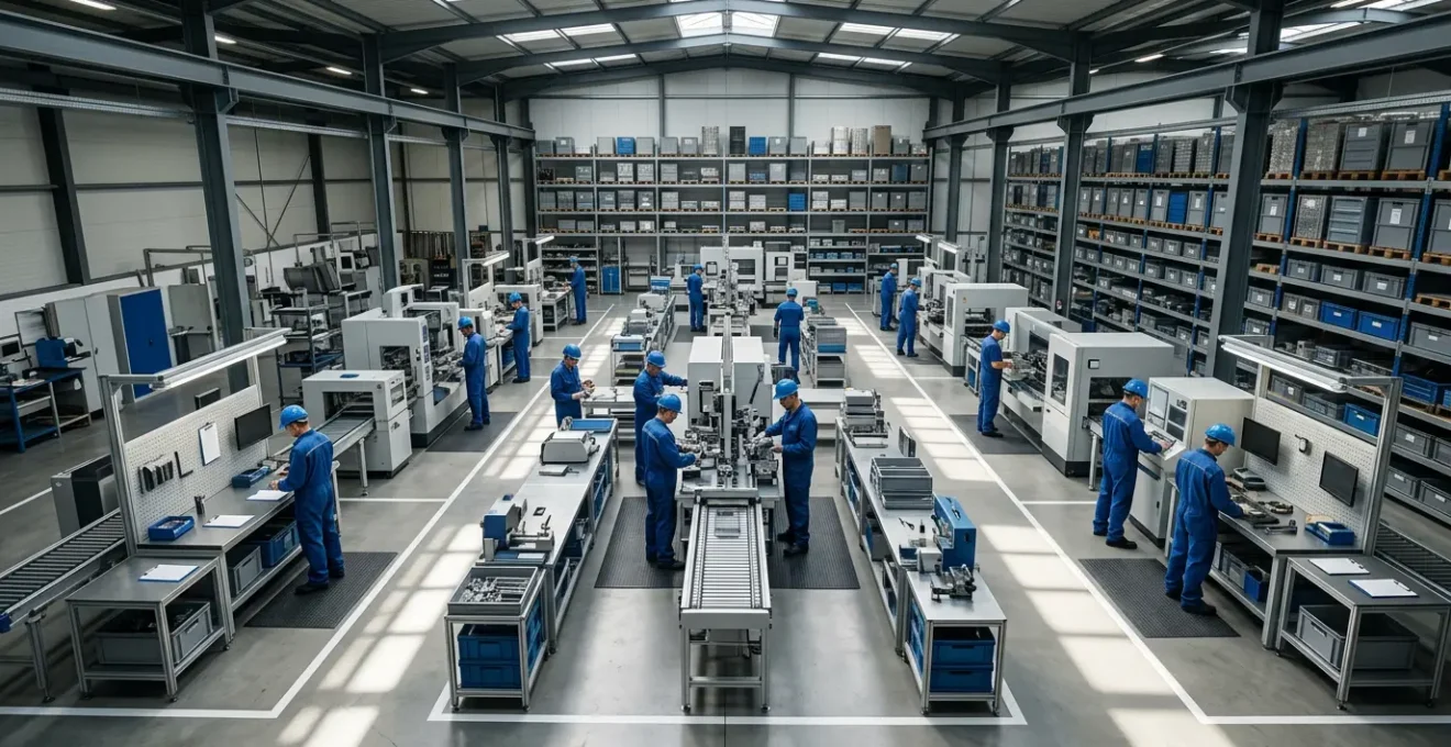 Vue aérienne d'un atelier industriel montrant les flux de production et zones d'analyse