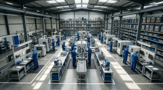 Vue aérienne d'un atelier industriel montrant les flux de production et zones d'analyse