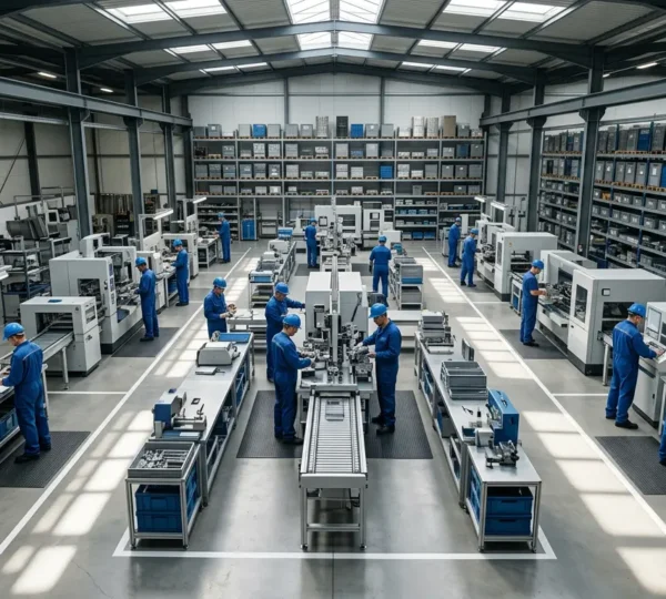 Vue aérienne d'un atelier industriel montrant les flux de production et zones d'analyse