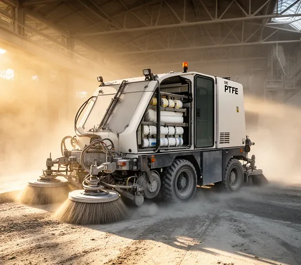 Vue d'une balayeuse industrielle autoportée dans un environnement de cimenterie avec poussière de ciment et équipement spécialisé