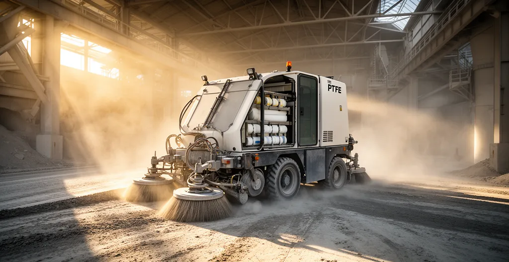 Vue d'une balayeuse industrielle autoportée dans un environnement de cimenterie avec poussière de ciment et équipement spécialisé
