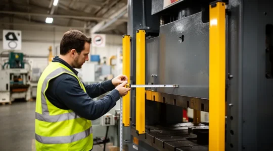 Technicien de sécurité machine mesurant la distance entre une barrière immatérielle et une presse industrielle dans un atelier français