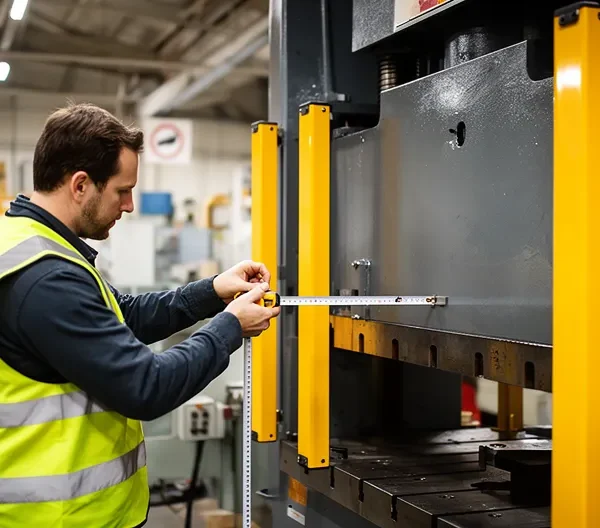 Technicien de sécurité machine mesurant la distance entre une barrière immatérielle et une presse industrielle dans un atelier français