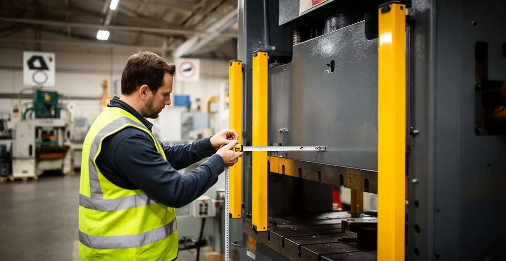 Technicien de sécurité machine mesurant la distance entre une barrière immatérielle et une presse industrielle dans un atelier français