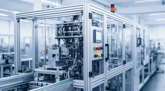 Vue d'ensemble d'une chaîne de production moderne avec une machine partiellement assemblée en avant-plan, illustrant les défis de spécification et de livraison dans l'industrie manufacturière