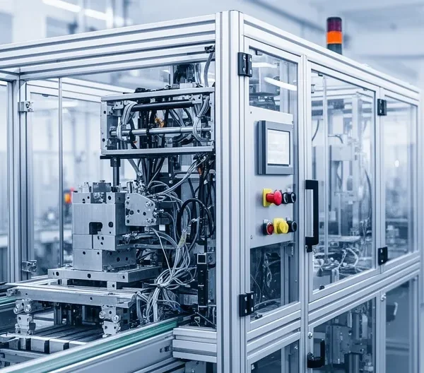 Vue d'ensemble d'une chaîne de production moderne avec une machine partiellement assemblée en avant-plan, illustrant les défis de spécification et de livraison dans l'industrie manufacturière