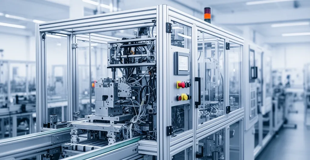 Vue d'ensemble d'une chaîne de production moderne avec une machine partiellement assemblée en avant-plan, illustrant les défis de spécification et de livraison dans l'industrie manufacturière