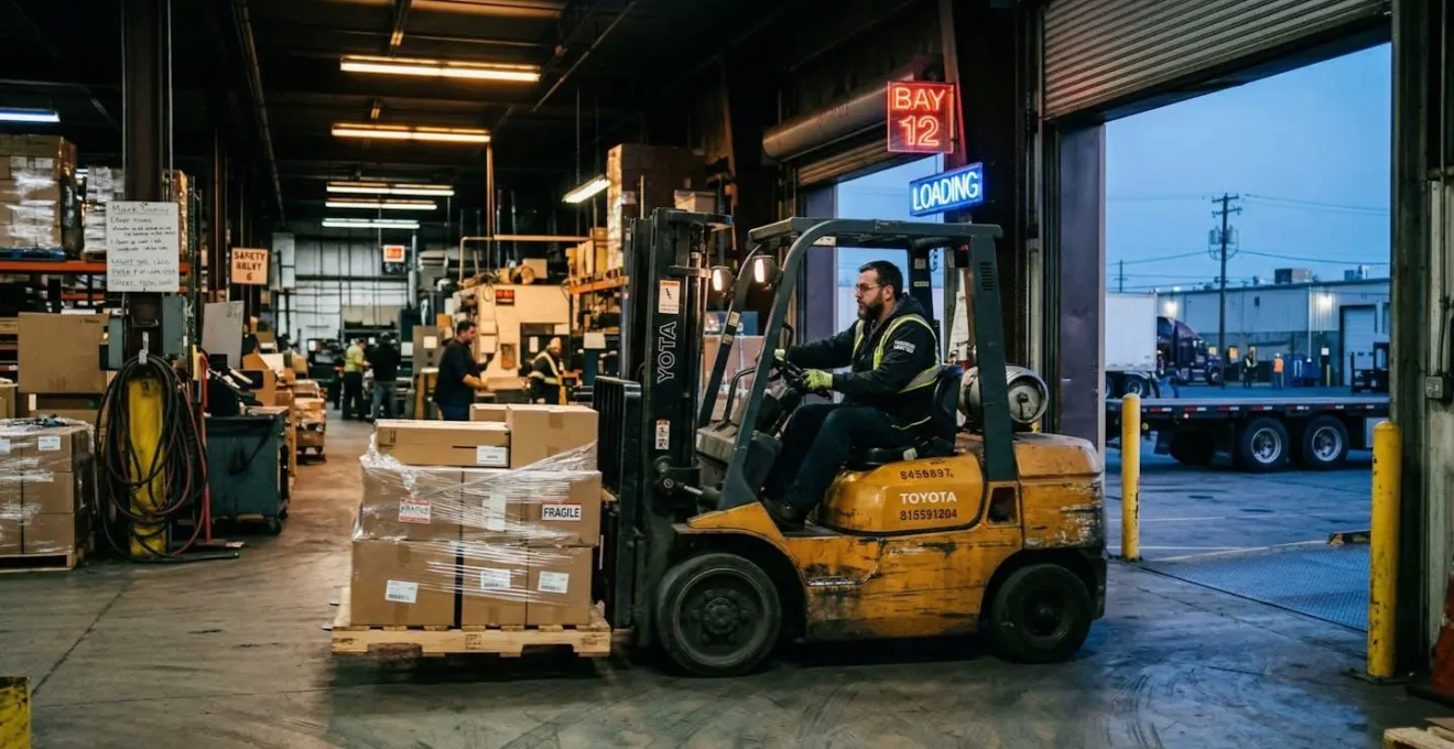 Un cariste manœuvre son engin près d'une porte de quai ouverte dans un entrepôt industriel, ambiance de travail quotidien sous éclairage néon