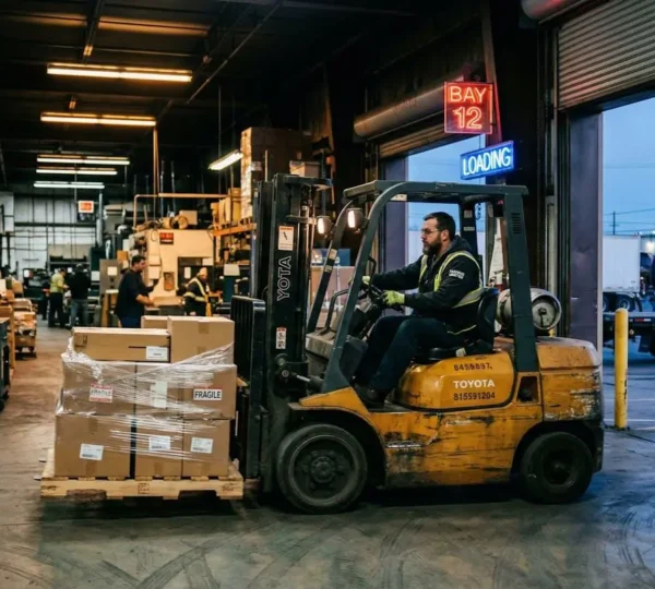 Un cariste manœuvre son engin près d'une porte de quai ouverte dans un entrepôt industriel, ambiance de travail quotidien sous éclairage néon