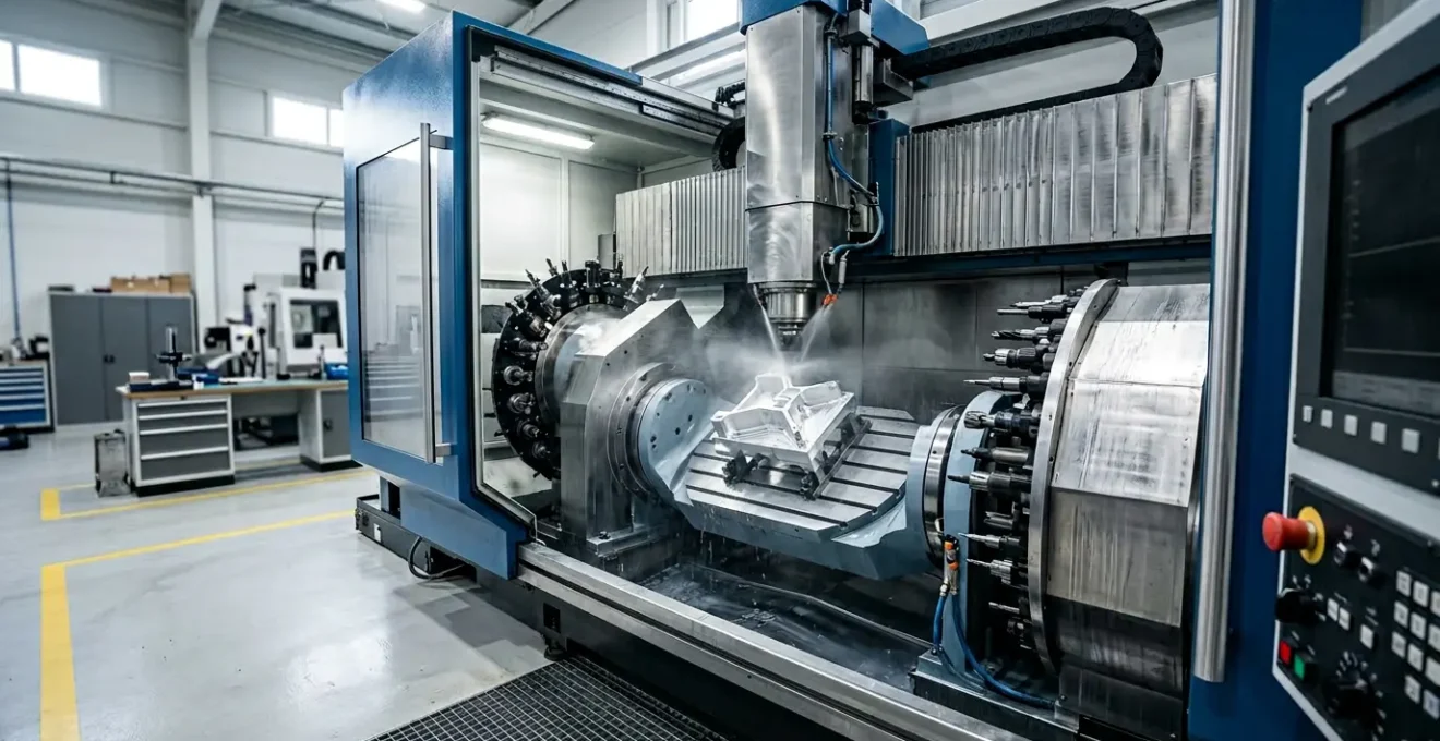 Centre d'usinage 5 axes en action dans un atelier de mécanique de précision moderne