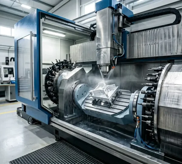 Centre d'usinage 5 axes en action dans un atelier de mécanique de précision moderne