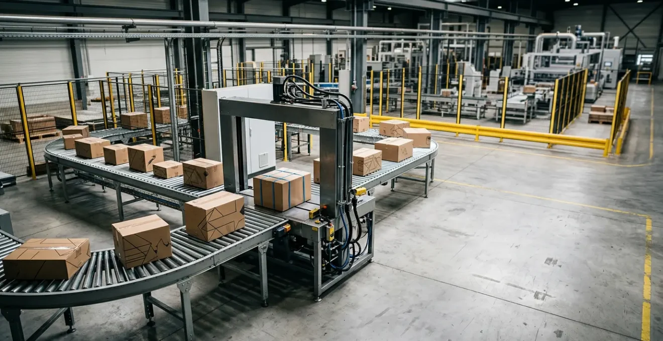 Vue en plongée d'une cercleuse automatique industrielle en action avec des colis variés sur convoyeur