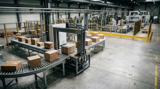 Vue en plongée d'une cercleuse automatique industrielle en action avec des colis variés sur convoyeur