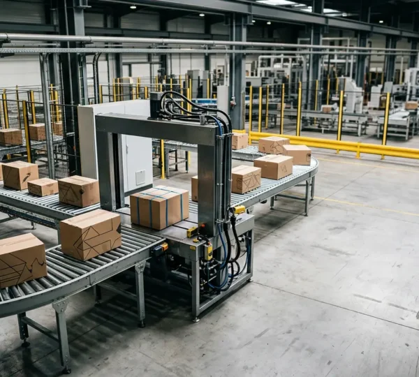 Vue en plongée d'une cercleuse automatique industrielle en action avec des colis variés sur convoyeur