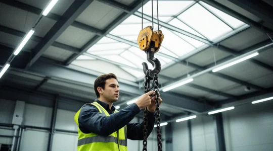 Inspection d'un appareil de levage industriel par un technicien qualifié dans un entrepôt moderne