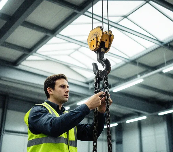 Inspection d'un appareil de levage industriel par un technicien qualifié dans un entrepôt moderne