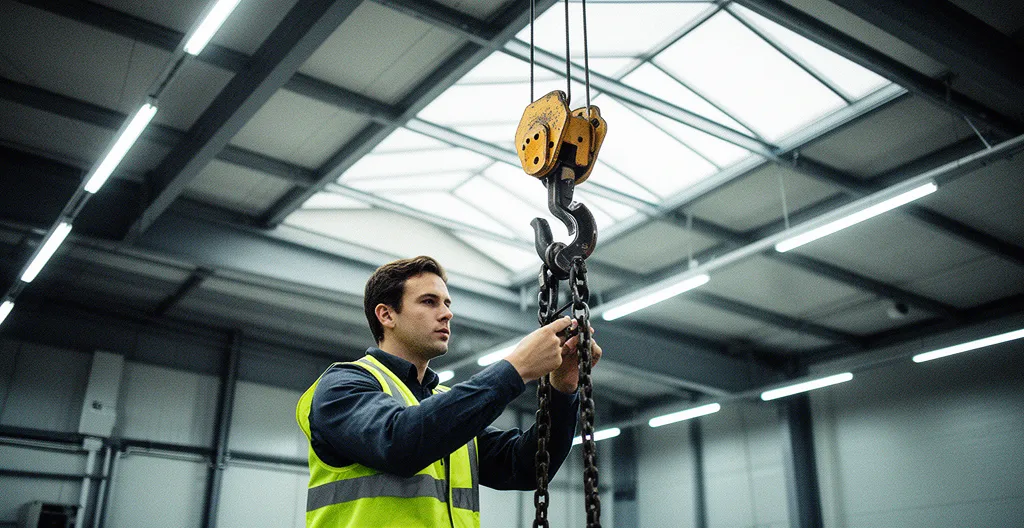 Inspection d'un appareil de levage industriel par un technicien qualifié dans un entrepôt moderne