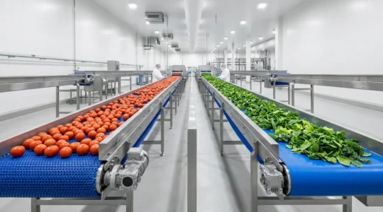 Comparaison visuelle de convoyeurs industriels à bande et modulaires en environnement agroalimentaire aseptisé