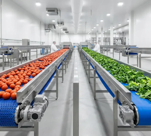 Comparaison visuelle de convoyeurs industriels à bande et modulaires en environnement agroalimentaire aseptisé