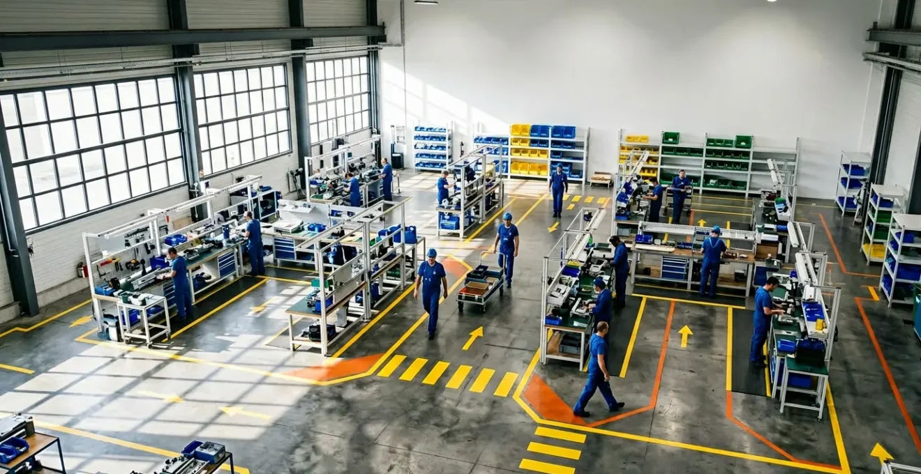 Vue aérienne d'un atelier industriel français montrant les flux de déplacements optimisés entre les postes de travail