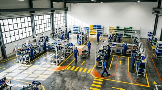 Vue aérienne d'un atelier industriel français montrant les flux de déplacements optimisés entre les postes de travail