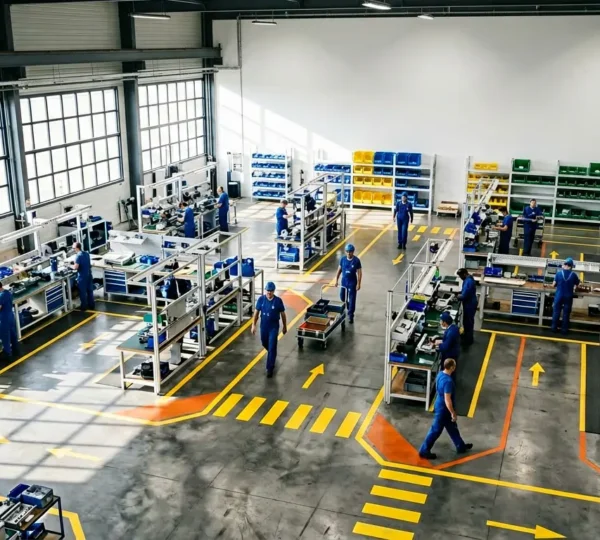 Vue aérienne d'un atelier industriel français montrant les flux de déplacements optimisés entre les postes de travail