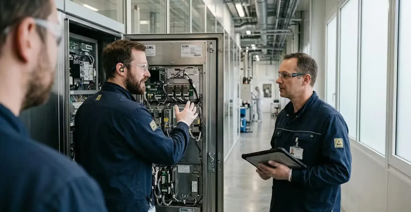 Deux ingénieurs maintenance discutant devant armoire équipement ouverte en environnement fab semi-conducteur