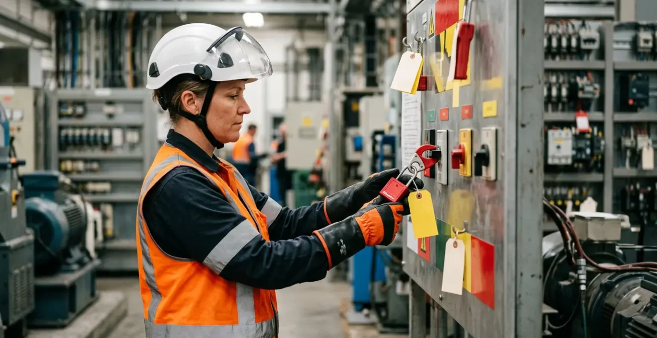 Électricien professionnel en équipement de protection travaillant sur un tableau de consignation LOTO industriel