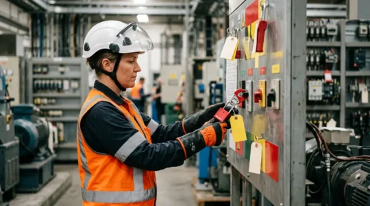 Électricien professionnel en équipement de protection travaillant sur un tableau de consignation LOTO industriel