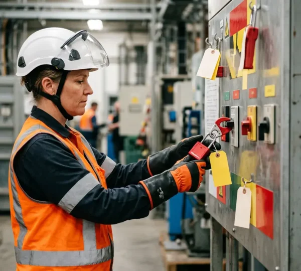 Électricien professionnel en équipement de protection travaillant sur un tableau de consignation LOTO industriel