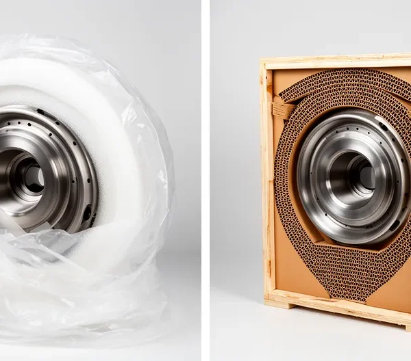 Vue comparative entre emballage primaire et secondaire pour l'export industriel, montrant différents matériaux de protection