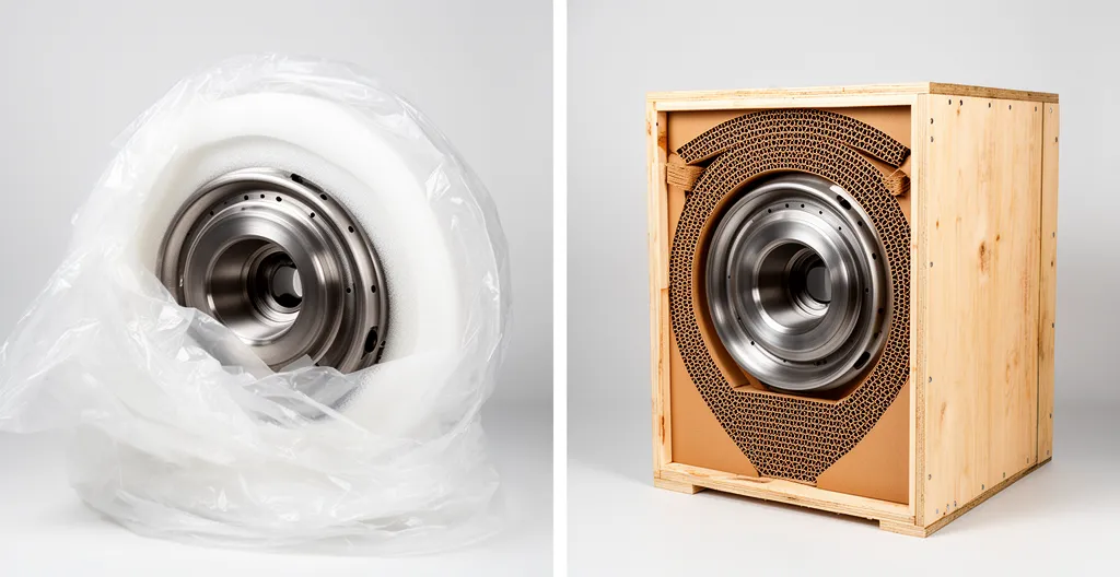 Vue comparative entre emballage primaire et secondaire pour l'export industriel, montrant différents matériaux de protection