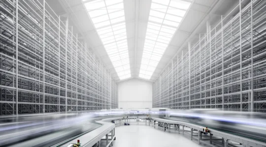 Vue d'ensemble d'un entrepôt logistique automatisé moderne avec technologies innovantes