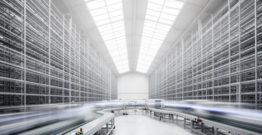 Vue d'ensemble d'un entrepôt logistique automatisé moderne avec technologies innovantes