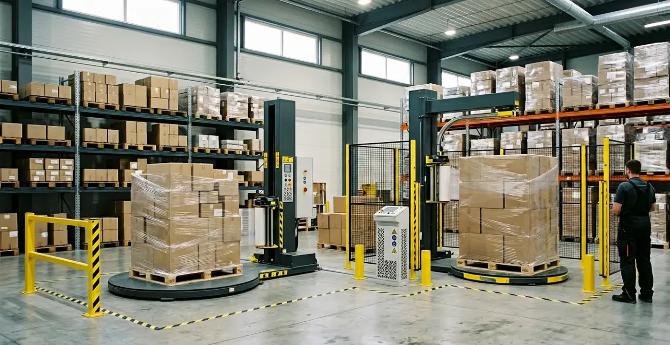 Vue d'entrepôt moderne montrant deux types de banderoleuses pour palettes en action dans un espace restreint