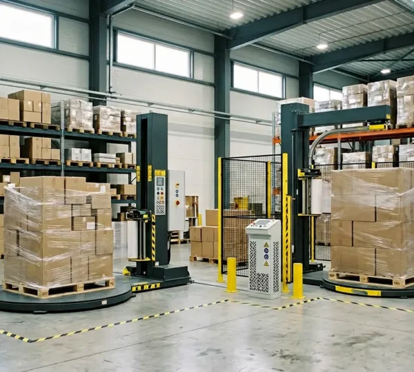 Vue d'entrepôt moderne montrant deux types de banderoleuses pour palettes en action dans un espace restreint