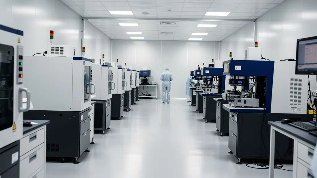 Vue d'ensemble intérieur fab semiconducteurs avec équipements de métrologie KLA