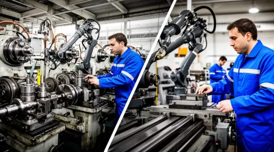 Vue stratégique d'un atelier industriel français avec une balance symbolique entre production interne et externe