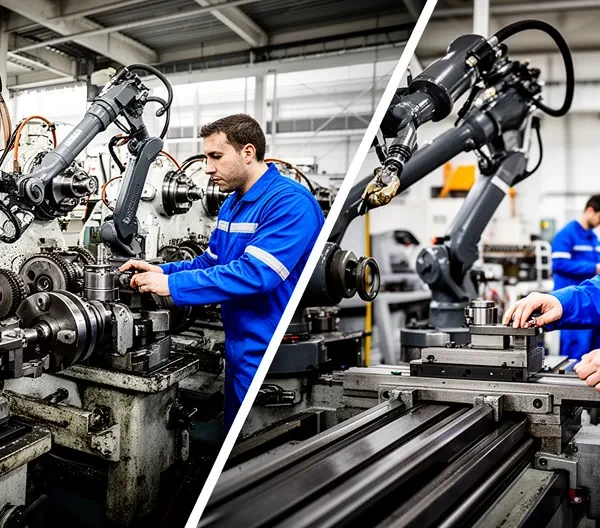 Vue stratégique d'un atelier industriel français avec une balance symbolique entre production interne et externe