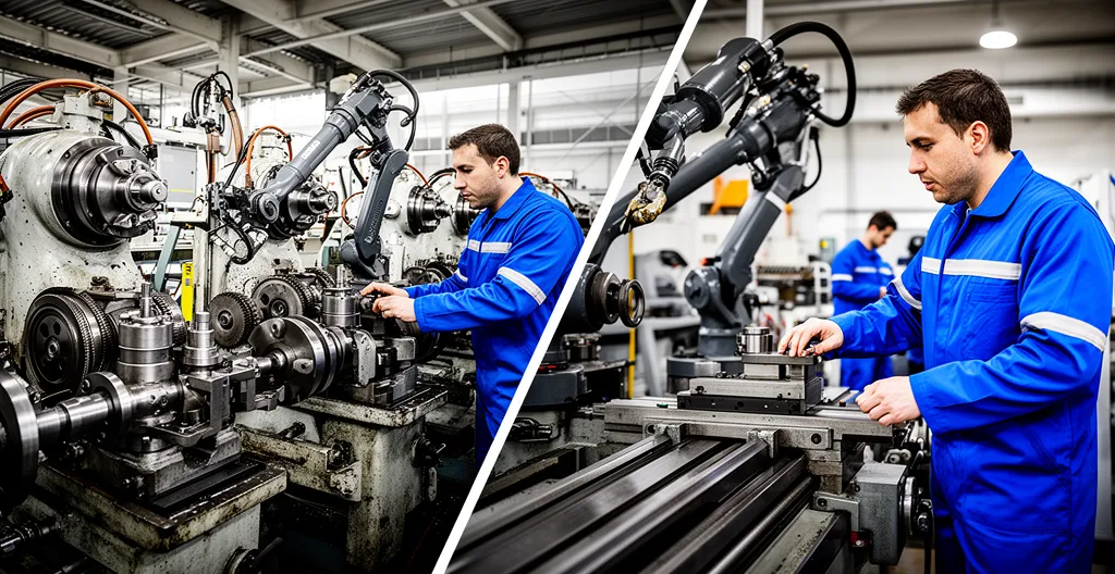 Vue stratégique d'un atelier industriel français avec une balance symbolique entre production interne et externe